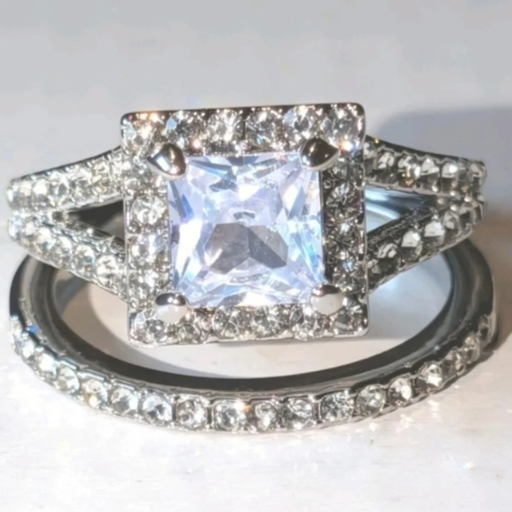 Womens 5ct Princess Cut Lab Created Diamond Halo Trio Wedding Ring Sz 7.5